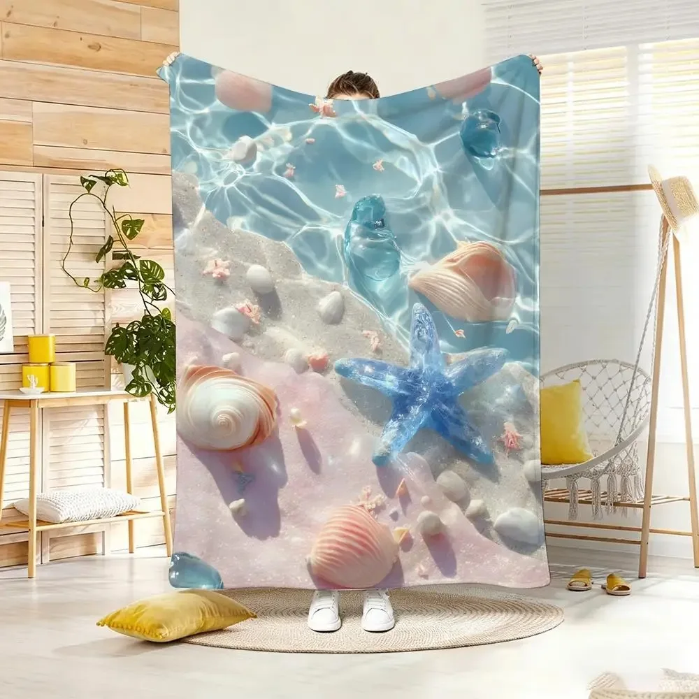 Blue Underwater Beach Print Flannel Blanket, Transparent Water Wave Seashell Starfish Pebble Soft Fleece Throw Blanket, Light Co