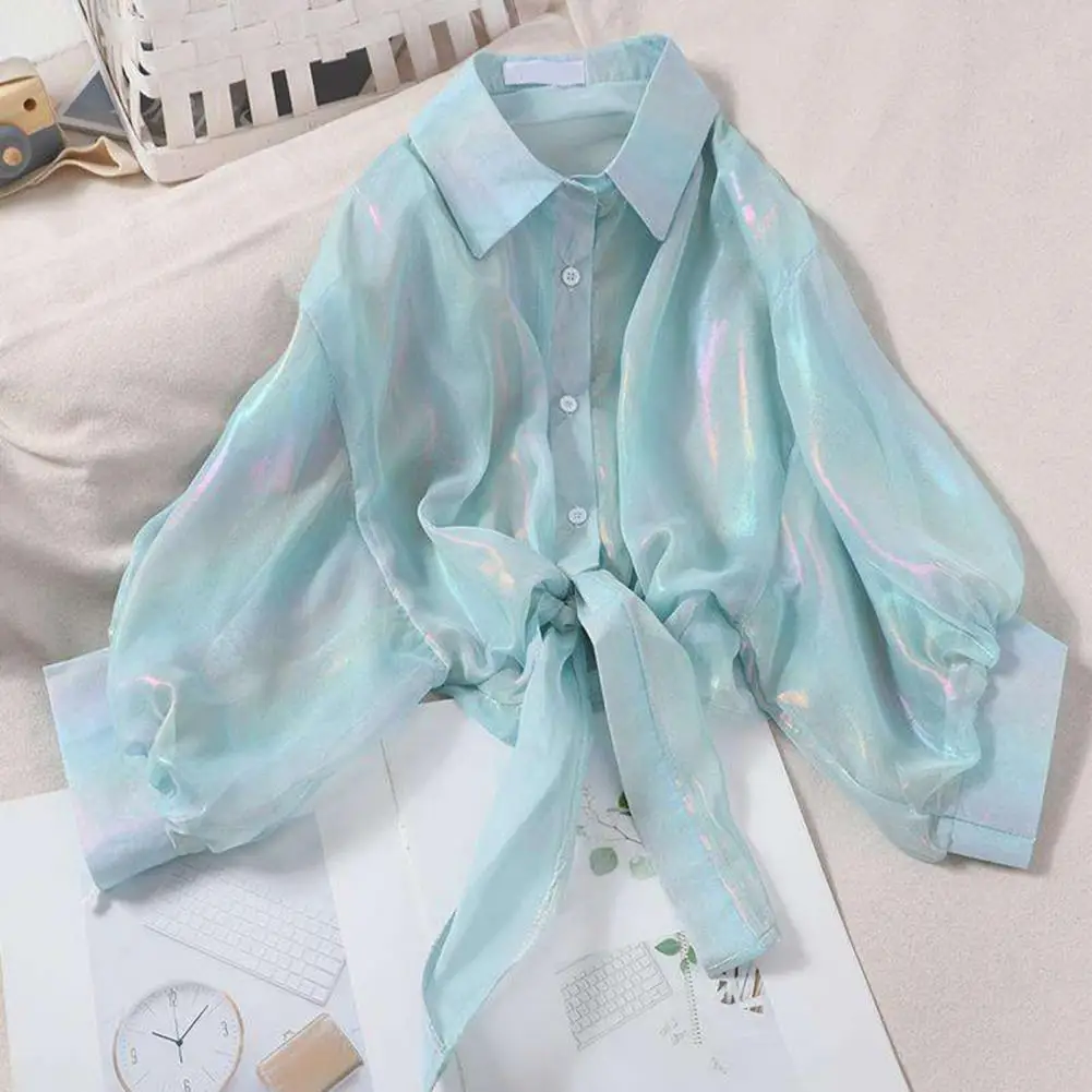 

1Pc Women Sun Protection Shirt 3/4 Sleeve Rainbow Bright Color Shirt Single Breasted Bow Tie Style Top Lapel Thin Chiffon Shirt