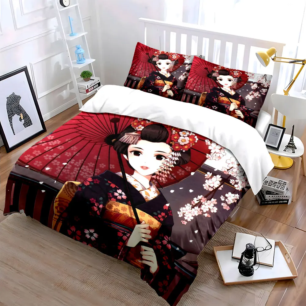Kimono woman with umbrella, cherry blossoms Print Bedding Set 1 Duvet Cover 2 Pillowcases for Adult and Children Luxury Gift