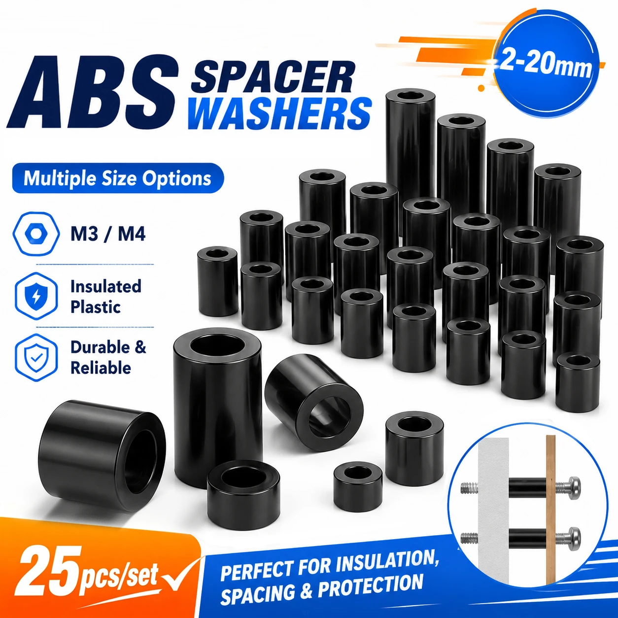25-200Pcs M3 M4 Black ABS Round Hollow Standoff Washer, Non-Threaded Spacer for Screws, PCB Board, Length 2-20mm
