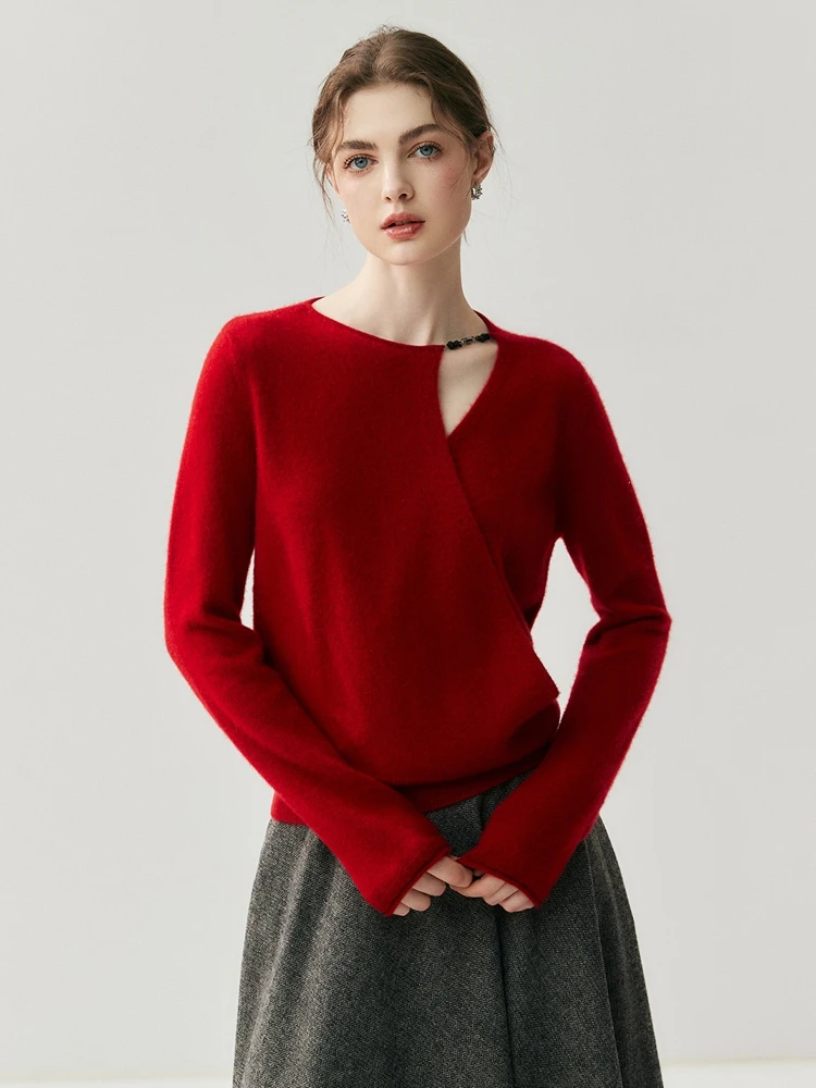 CHICUU 女性 100% カシミヤセーター O ネックカットアウトクロスカラープルオーバー秋冬グレーススタイルカシミヤニットウェア服