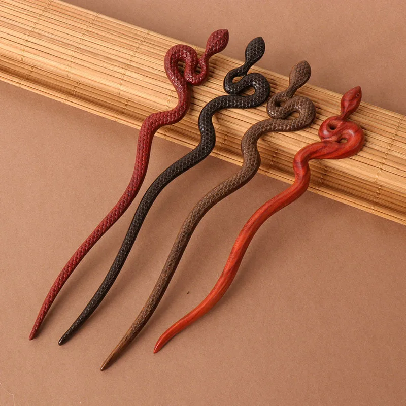 New Ebony Hairpin Oriental Aesthetics Classical Chinese Style Hand Carved Snake Shaped Elongated Hairpin Simple and Coiled Hair