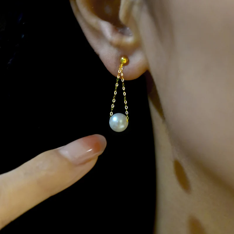 

NYMPH Fine Jewelry 18K Gold Earrings AU750 Natural Freshwater Pearl Round Party Gift For Women Long E627-1