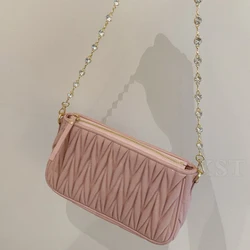 UXST Sweet Pink Rhinestone Chain Underarm Bag Girls Classic Pleated Small Square Bag Real Leather Purses Exquisite Shoulder Bag