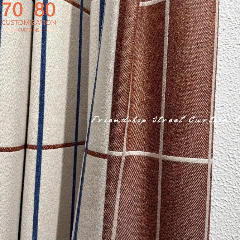 New Blue Geometric Grid Pattern Wool Ball Decoration Chenier Splicing Curtains for Living Room Bedroom Partition Curtains