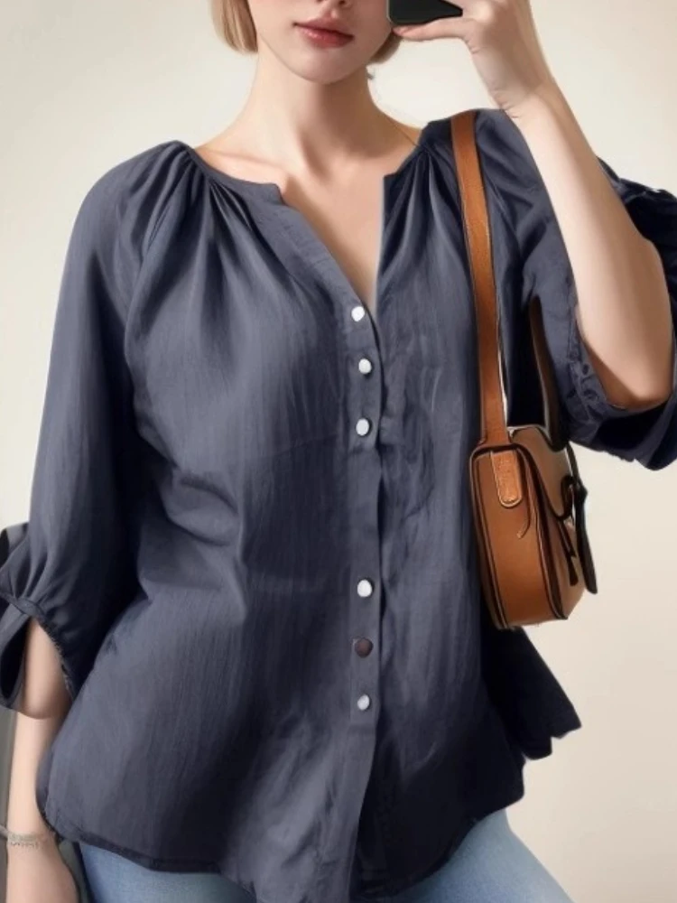 Femmes printemps été nouvelle mode grande taille littéraire rétro col en v décontracté haut ample nouvelle lanterne manches couleur unie chemise