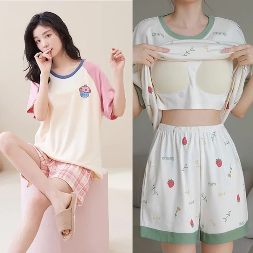 여성 여름 반팔 잠옷 세트, 가슴 쿠션 포함, 한국판 만화 학생 홈웨어 잠옷