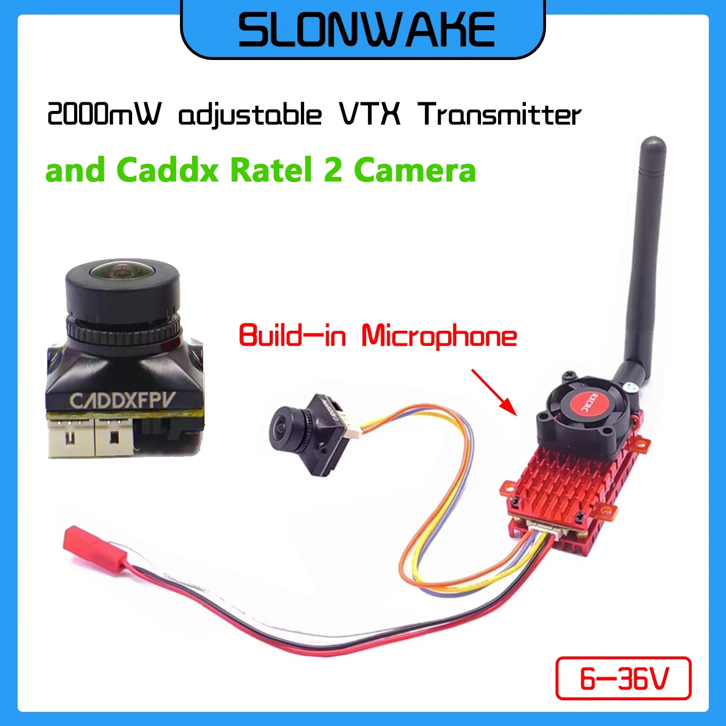 SLONWAKE 5.8G 48CH 2000mW adjustable FPV VTX Video Transmitter and Caddx Ratel 2 V2 FPV Camera 2.1mm Lens for RC Drone Airplane