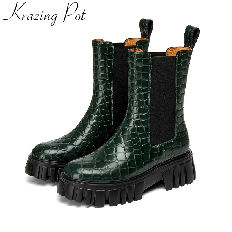 

Krazing Pot genuine leather Chelsea boots round toe platform winter brand shoes pleated maiden wear stone patterns ankle boots