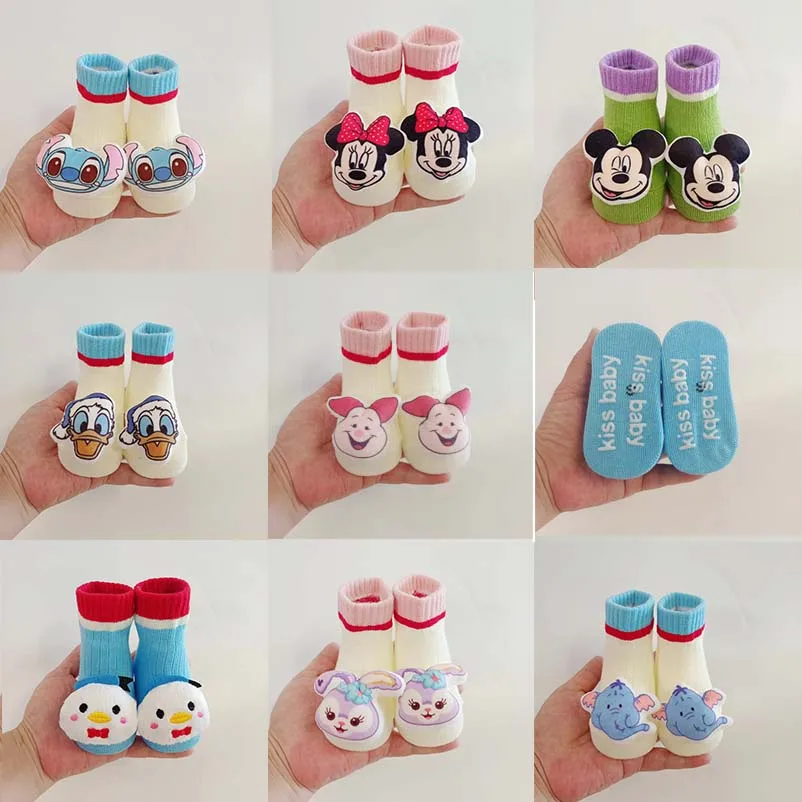 New Disney Mickey Minnie Baby Doll Socks Newborn Stitch Mid-Tube Cotton Socks Non-Slip Dispensing Floor Sockskiss Baby Socks