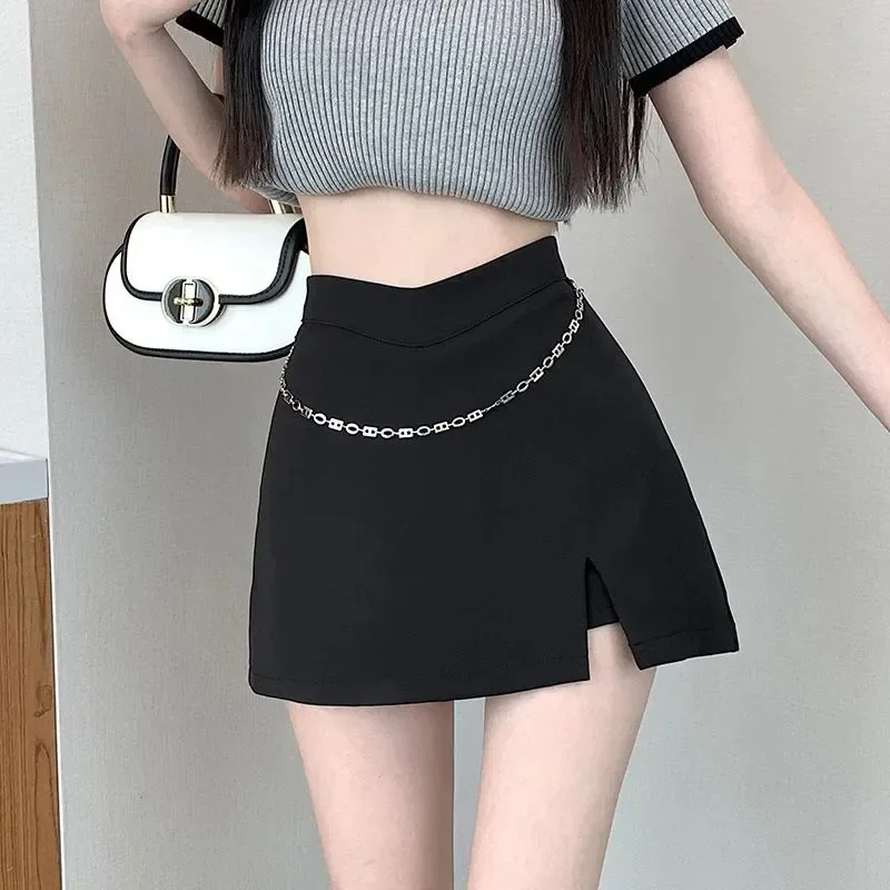 

Мини-юбка с высокой талией и цепочкой, женская уличная одежда Y2K, костюм с разрезом, короткая юбка, женские корейские шикарные универсальные юбки трапециевидной формы в консервативном стиле JJ193