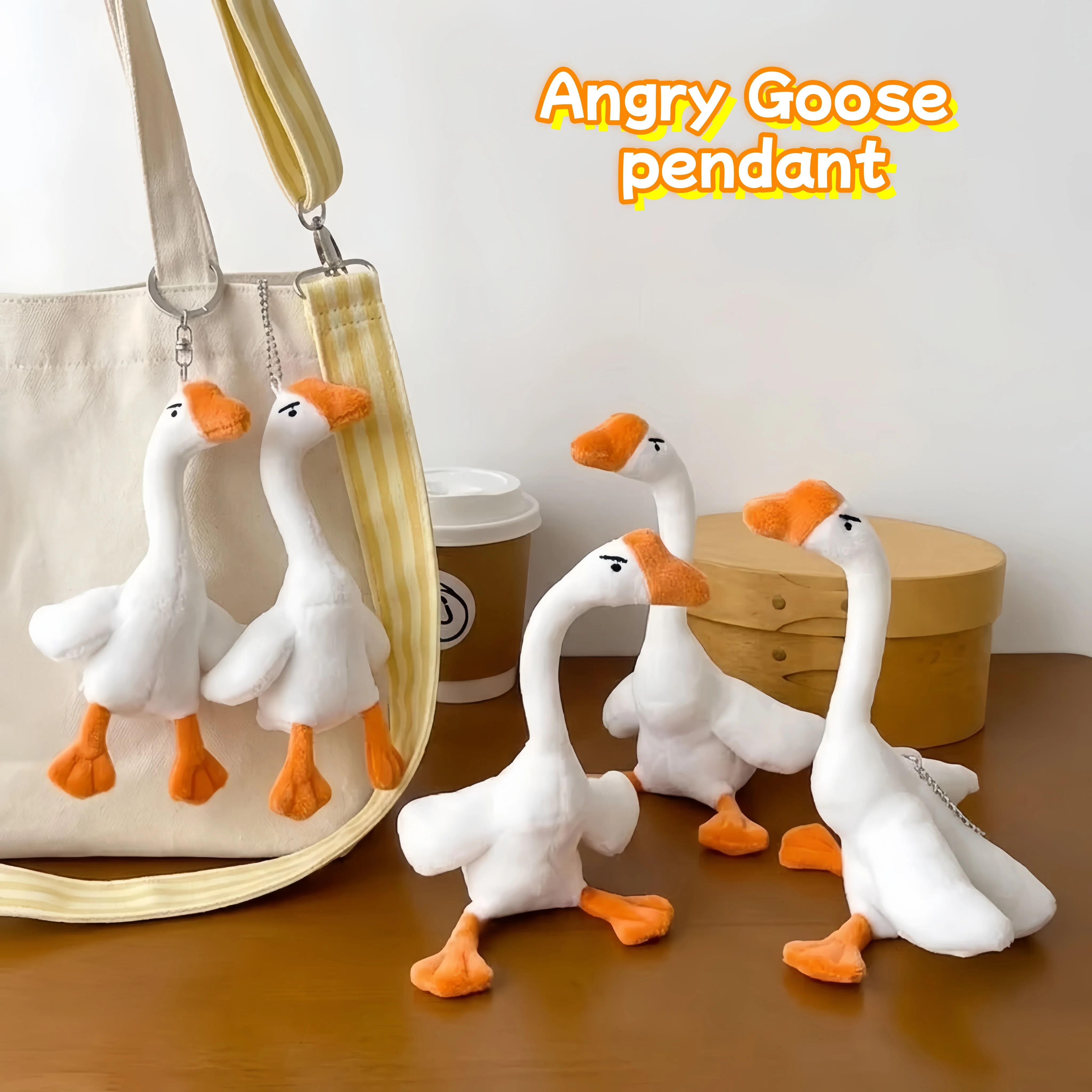 Cute White Goose Plush Keychain Cartoon Angry Goose Stuffed Doll Bag Pendant Soft Fluffy Key Ring Decorative Creative Gift