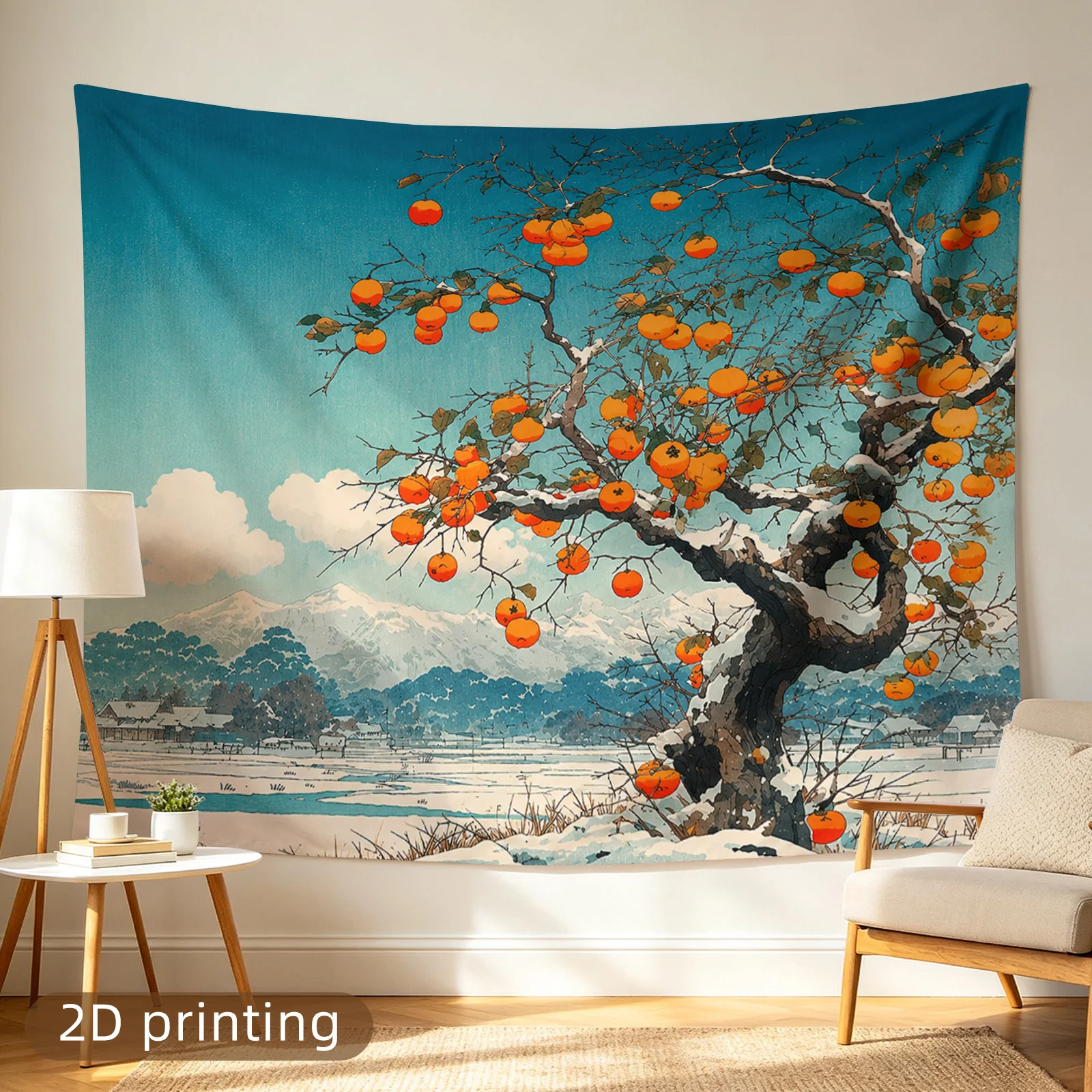 Vibrant Orange Tree Landscape Tapestry Wall Hanging Boho Rustic Citrus Bloom Art Decor Canvas Print for Living Room Bedroom Hall