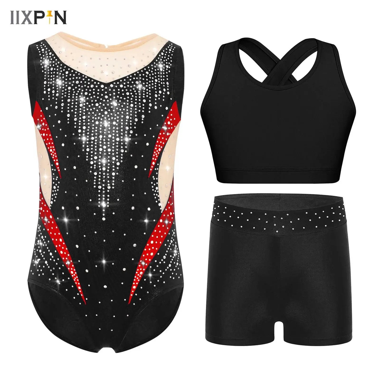 

Kids Girls Gymnastics Dance Figure Skating Outfit Sleeveless Sheer Mesh Patchwork Shiny Rhinestones Metallic Leotard+Vest+Shorts