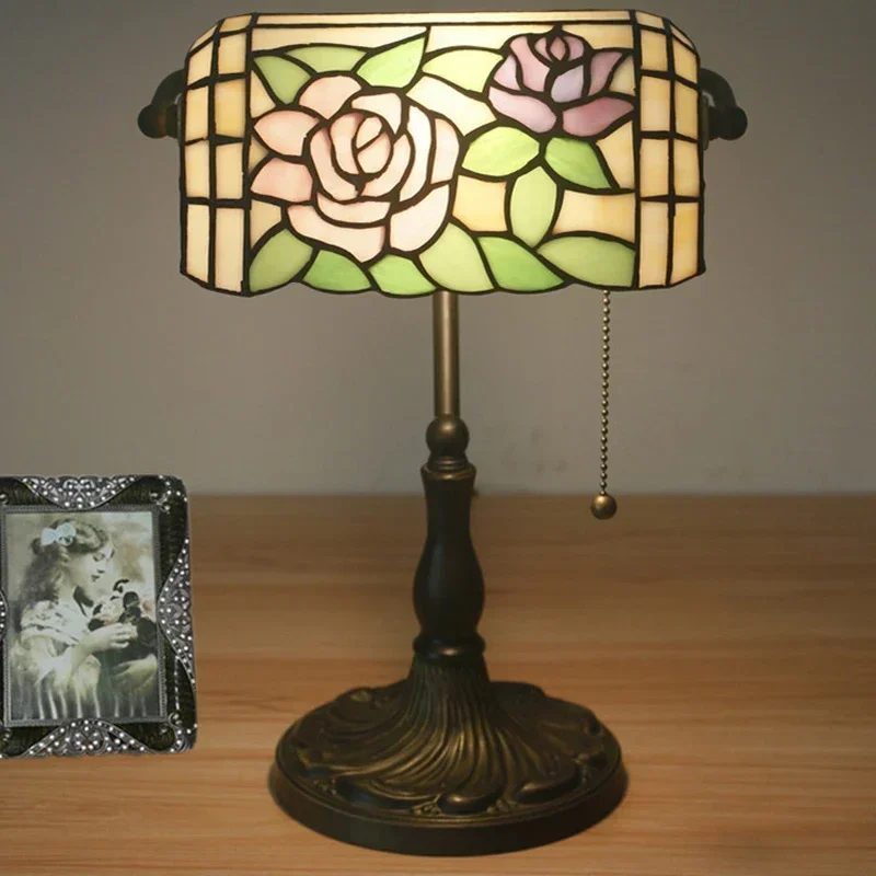 Tiffany Rose Table Lamp Colorful vintage Glass desk lights Bedroom Bedside Reading Lights Home Decor Luminaria Lighting Fixtures
