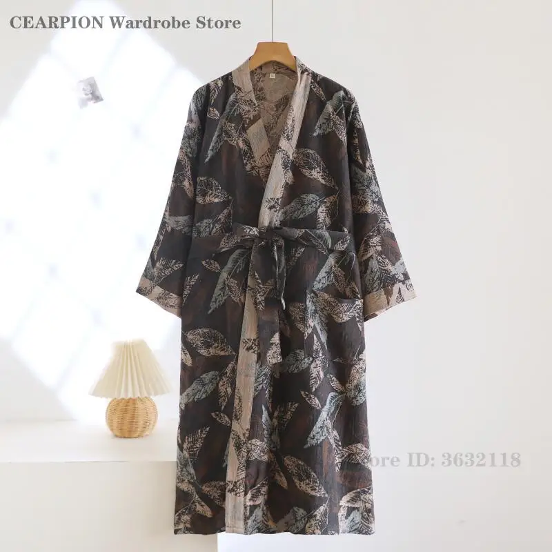 

Men's Cotton Robe Sleepwear Retro Jacquard Yukata Kimono Bathrobe Gown with Pocket Loose Casual Homewear Lounge Wear Lingerie