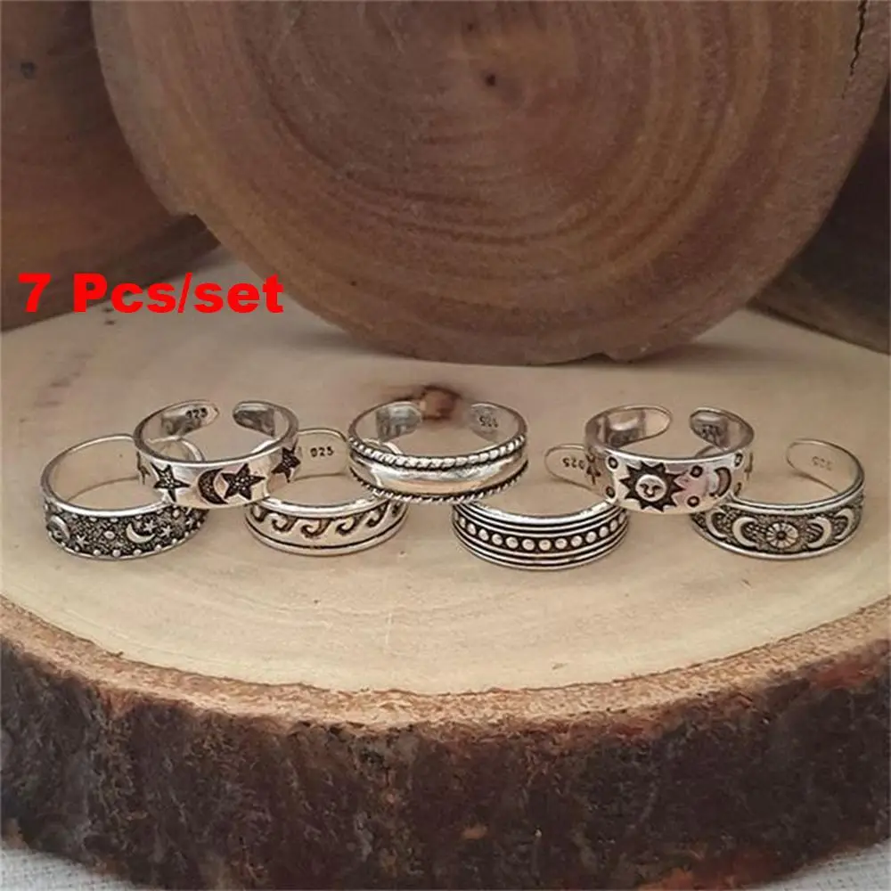7 Pcs/Set Silver Opens Star Waves Sun Foot Ring Set Toe Rings Vintage Bohemia