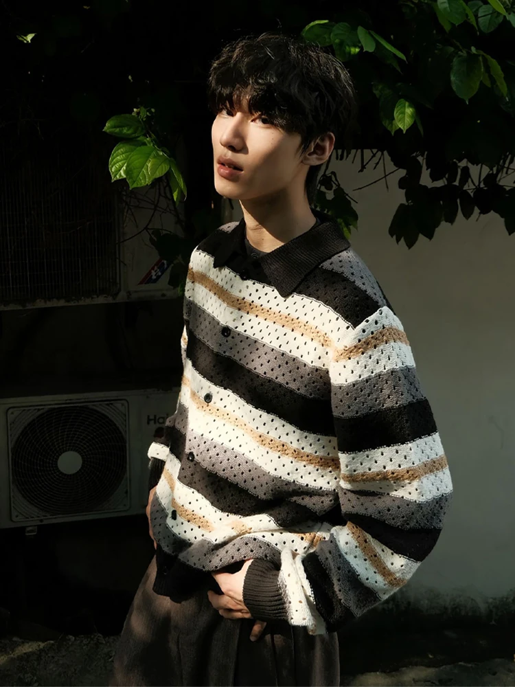 

Мягкий ажурный вязаный кардиган с длинными рукавами для мужчин, осенняя верхняя одежда, высококачественный полосатый свитер в стиле Lazy Fit, CleanFit