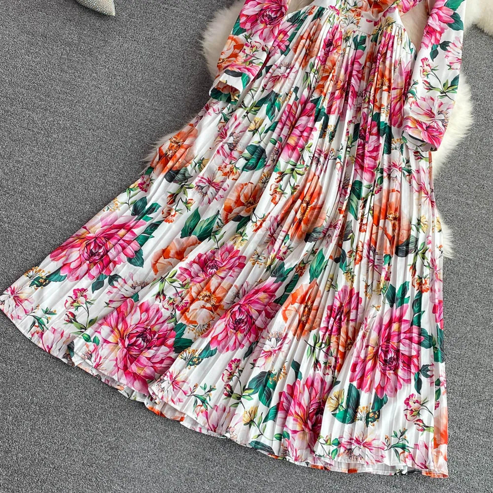 Vestido largo plisado con flores para mujer, ropa femenina Vintage de lujo para vacaciones y otoño