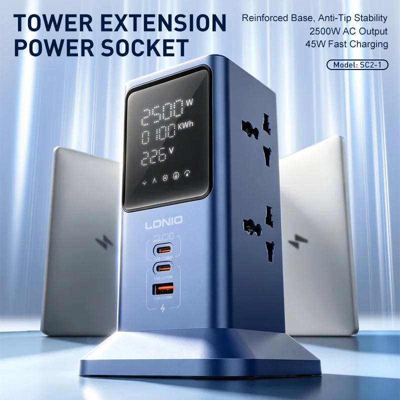 LDNIO Universal Socket Smart Tower Power Strip With Digital Display Function And USB 45W Fast Charging 4 Outlets 2M Power Cord