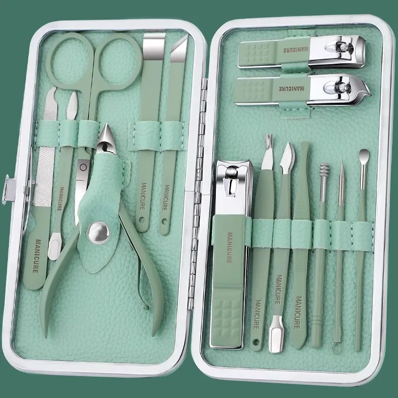 18 sztuk/worek przenośny zestaw do paznokci deluxe zestaw obcinaków do paznokci zielony pilnik do paznokci nożyczki do brwi narzędzi higiena osobistej