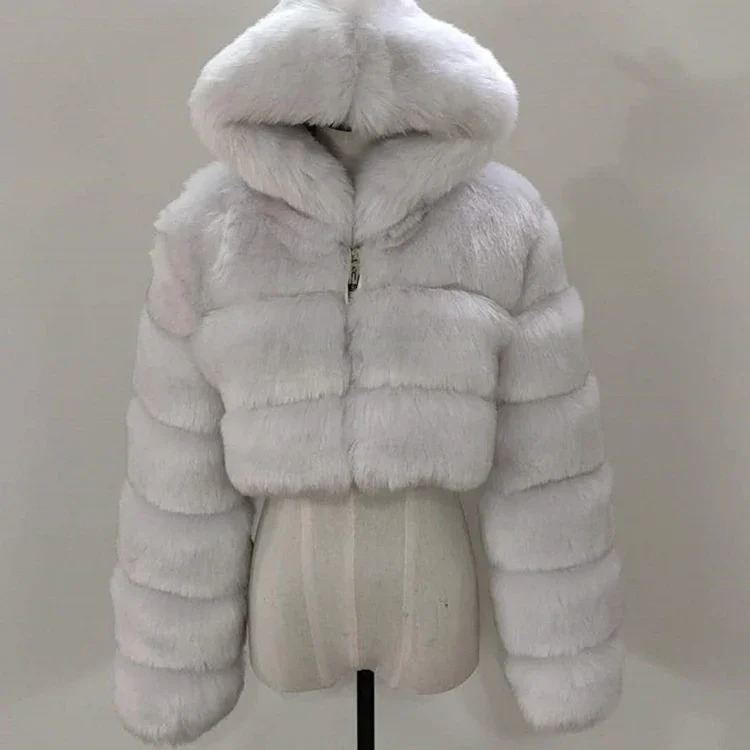 S-6xl Plus Size Winter Ladies Jacket Furry Cropped Faux Fur Coat White Fluffy Top Coats Black Long Sleeve Hooded Fake Fur Coat