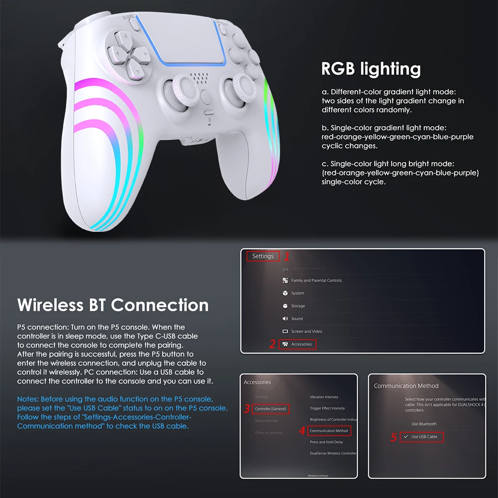 Wireless Gaming Controller for PS 5/PS 5 Slim/PS 5 Pro Bluetooth-Compatible 4.0 Game Controller Dual Vibration/6 Axis Gyro/Turbo