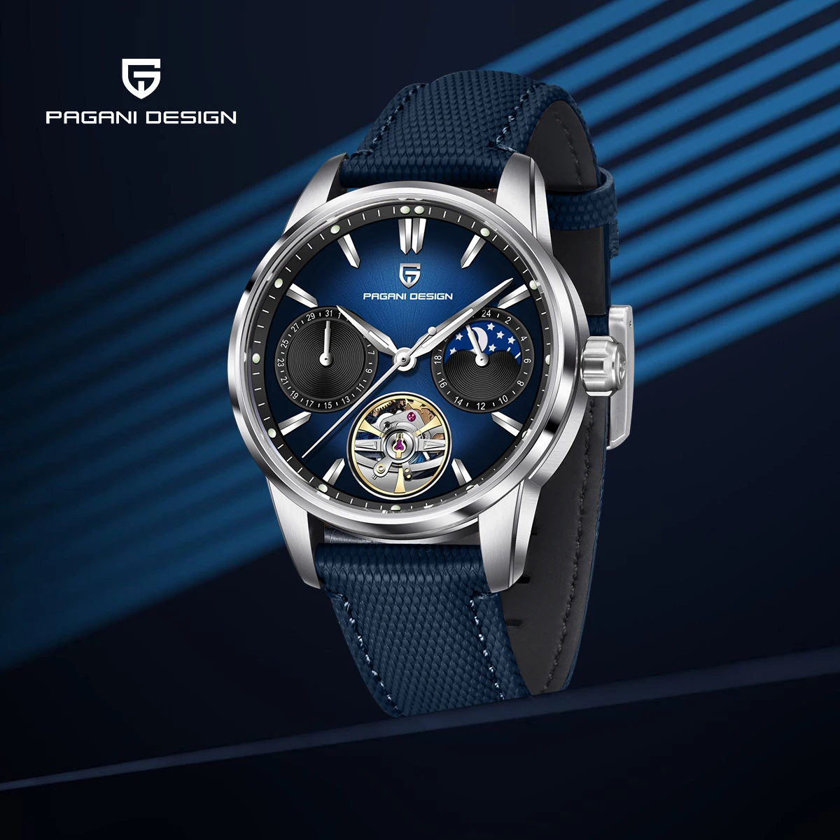 PAGANI DESIGN ساعات رجالي جديدة ساعة يد ميكانيكية مجوفة مرحلة القمر ساعة أوتوماتيكية للرجال AR الياقوت مقاوم للماء ساعة الأعمال #1