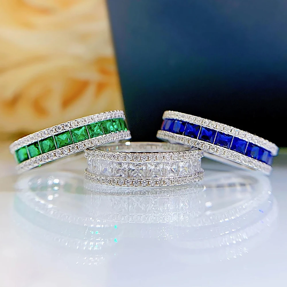 TEMGF Main White/Green/Blue Zircon Ring 100% S925 Sterling Silver Fine Jewelry for Women Party Sparkling Fashion Item