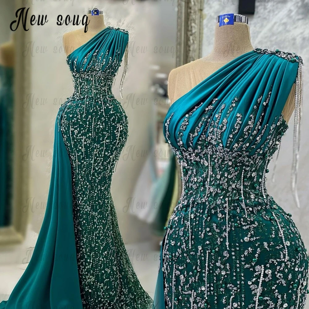 

Arabic Emerald Green Elegant Evening Dress Glitter Tassel Wedding Party Gowns Dubai One Shoulder Beaded Formal Prom Dresses