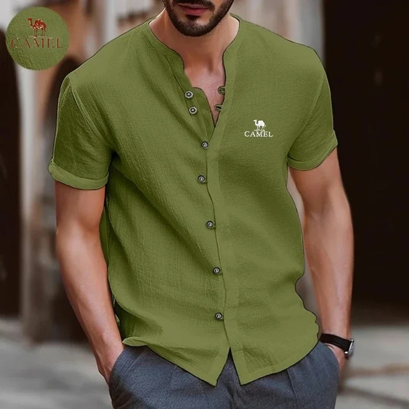 Camisa masculina bordada de algodão puro camelo de verão, tendência da moda retrô, camisa polo confortável esportiva casual