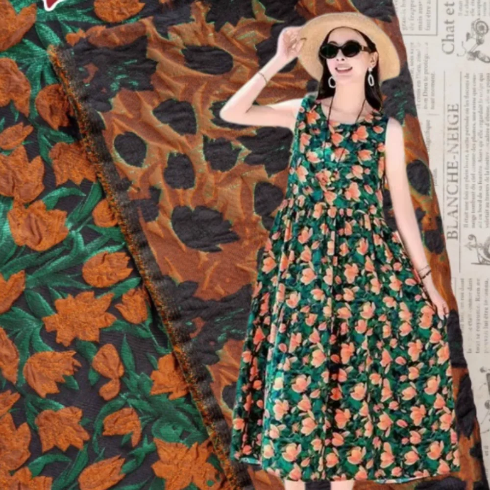 

Vintage orange flower woven jacquard fabric forf Fashion jacket DIY handmade decoration cloth diy by the meter sew material