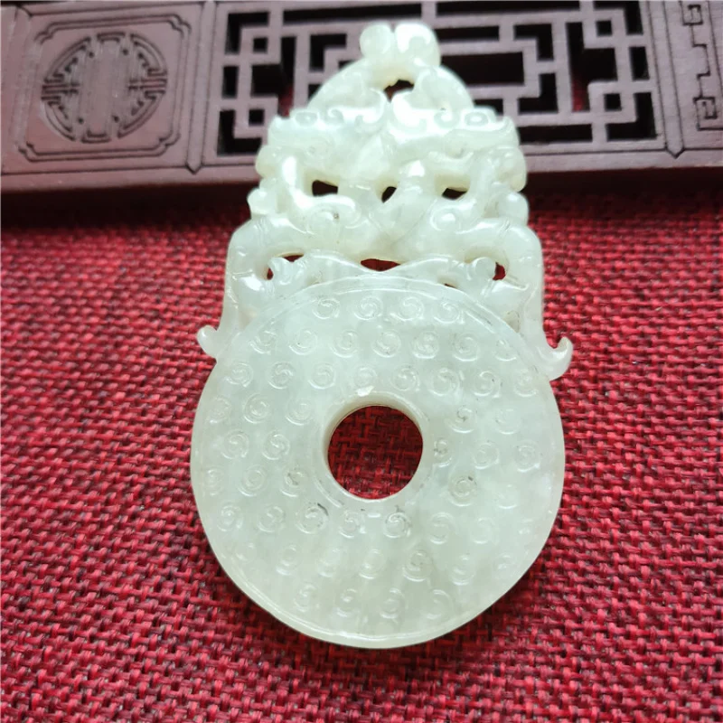 

Natural Aged Crafts Xiu Jade Warring Han Dynasty Hollow Auspicious Beast Jade Wall High Ancient Jade Double-Sided Jade Pendant H