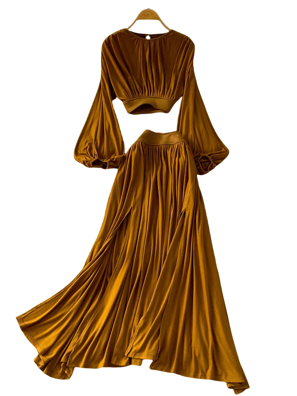 Chic ort Folded Waist Lantern Sve Top High Waist Slimming Asymmetrical Slit Long Skirt Set Lightweight Mature Sle