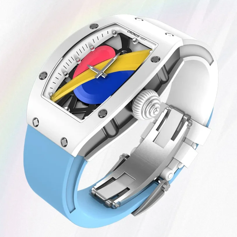 CRONUSART Women Automatic Watch Tonneau Ladies Mechanical Wristwatch Ceramic Case Sapphire Fluororubber Strap Rainbow Dial