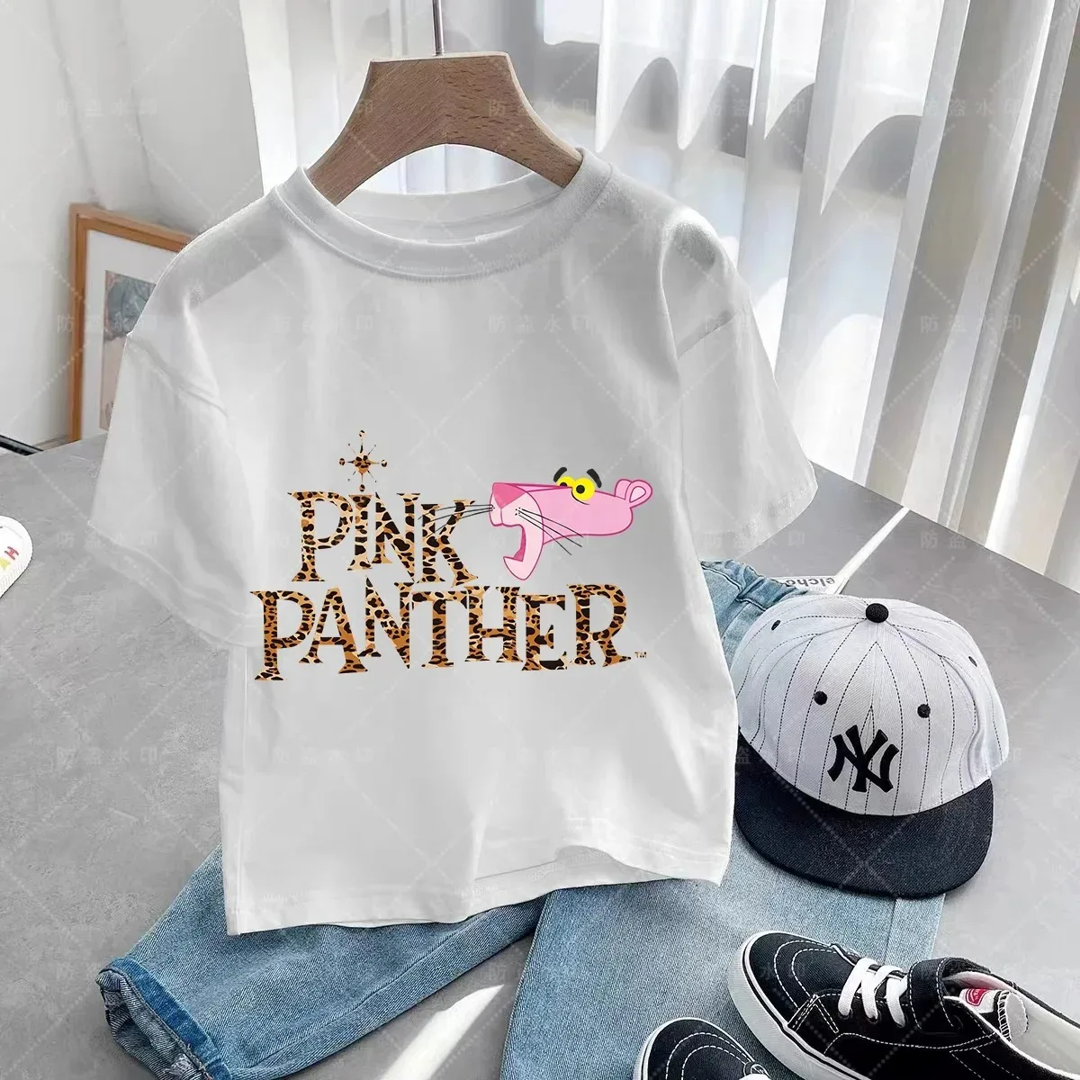 Summer Cartoon Pink Panther Ages 3-14 T-shirt Kids Short Sleeve Stylish Casual Crew Neck Short Sleeve Top for Boys and Girls Tee