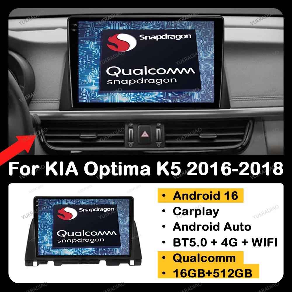Radio para Auto Android 16 para KIA Optima K5 2016 2017 2018, Unidad Principal 4G LTE 5G WIFI, Reproductor Multimedia Estéreo de Video, Qualcomm BT 2DIN