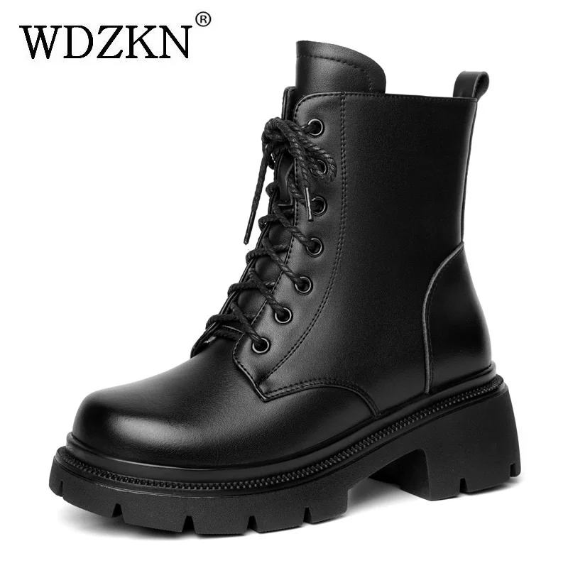 WDZKN Women High Heel Shearling Warm Ankle Boots Round Toe Genuine Leather Chunky Platform Wool Fur Casual Boots Big Size 42 43
