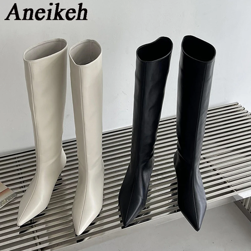 Aneikeh 2025 Fashion Sexy Pointed  Low Heels Knee Long Boots Women\'s Spring/Autumn PU Sewing Party Ball Western Boots 35-40