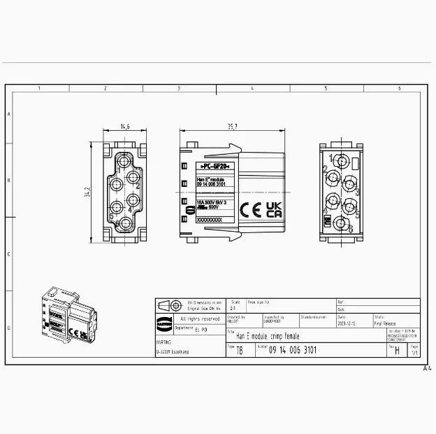 1pcs 09140063101 HARTING Han®16A heavy-duty modular crimp module female insert, 6 contacts