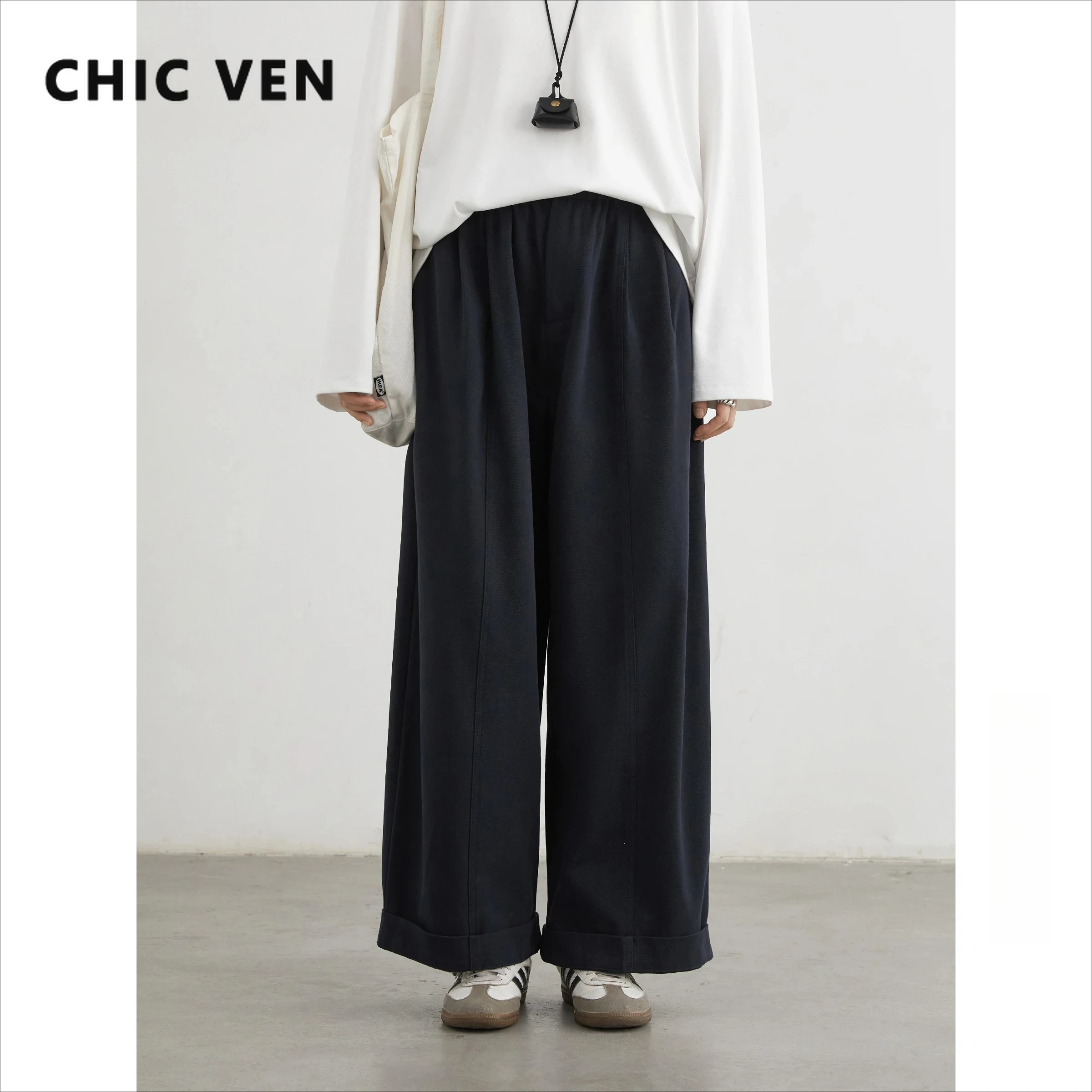 

CHIC VEN Fashion Women Pants High Waist Loose Casual Solid Wide Leg Ladies Trousers Elastic Waist Folded Pant Spring Autumn 2026