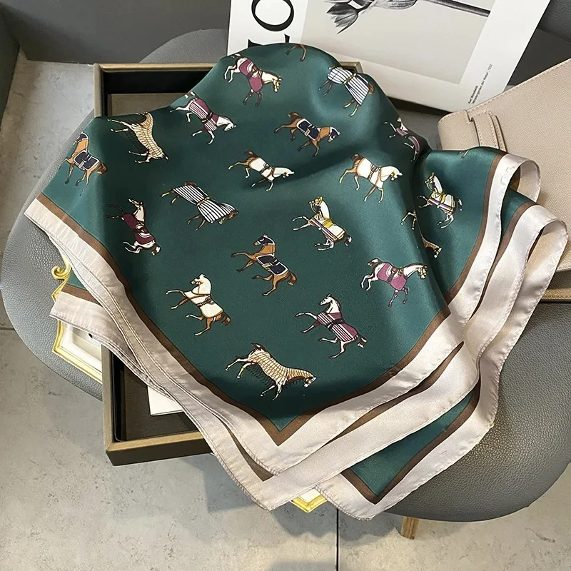 Dark Green Horse Print Square Scarf Vintage Cartoon Imitation Silk Neck Scarf Bandana Classic Head Wrap Hair Accessories