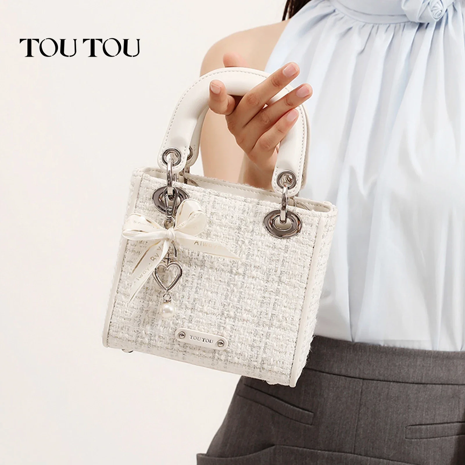 TOUTOU Women Handbag For Cosmetic Makeup Storage Bag Argyle Jacquard Tote Bag Bow Decor Satchel Purse White Pink Female Bag