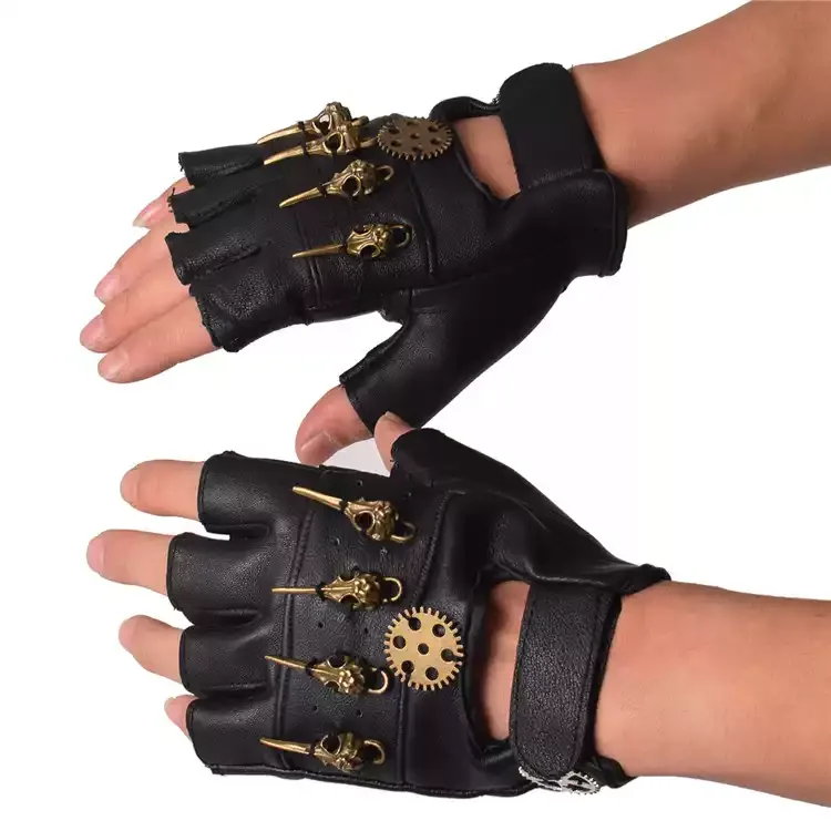 Steampunk PU Leather Fingerless Compass Gloves Men Women Fashion Hip Hop Punk Gloves Half Finger Gloves