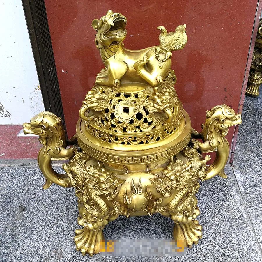 62CM Huge home temple Mansion efficacious Mascot talisman thriving business good luck gold dragon PI XIU COPPER  Fortune tripod