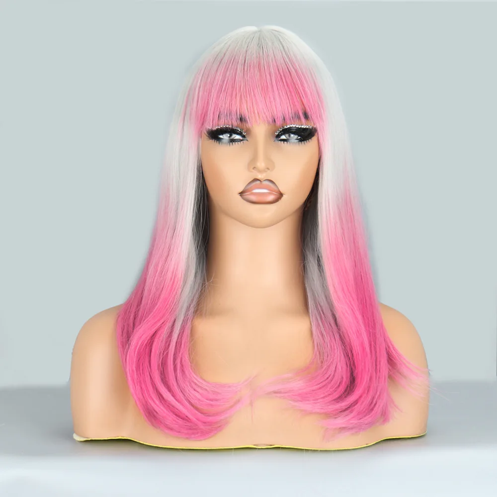 تشى الانفجارات الرمادية الوردية تغيير تدريجي طرف الشعر الطويل مشبك آلية الألياف الكيميائية الأوروبية والأمريكية شعر مستعار القبعات