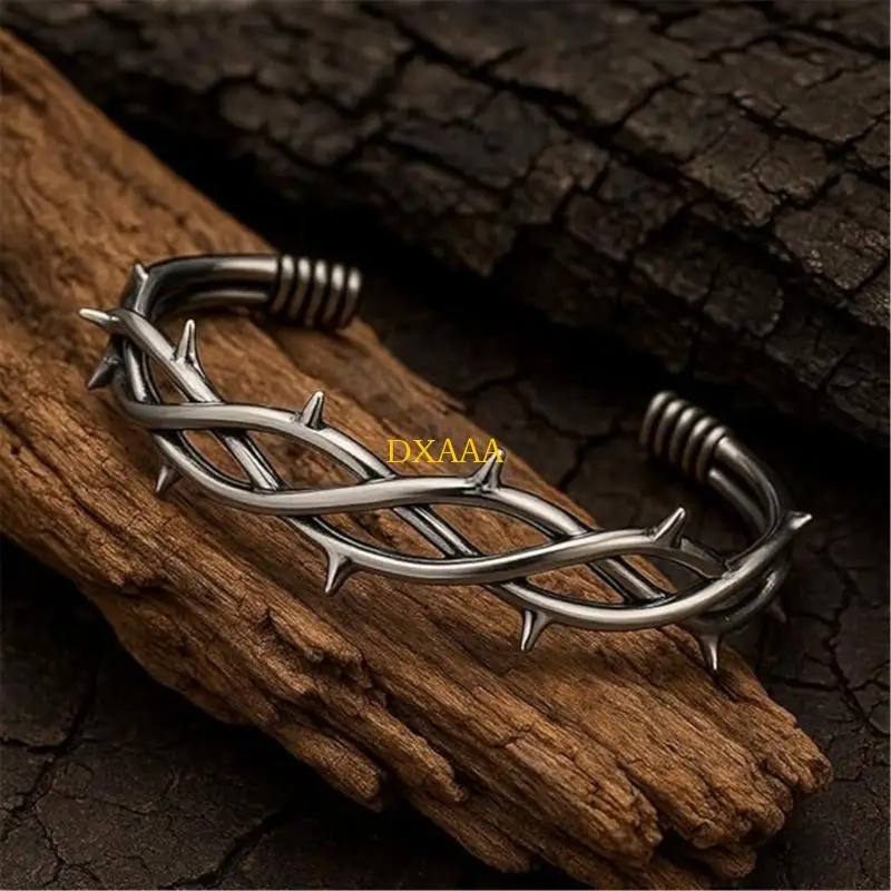 DXAA Gothic Inspired Thorn Punk Bracelet Stainless Steel Adjustable Sizing Open Bangle Accessory for Women and Men