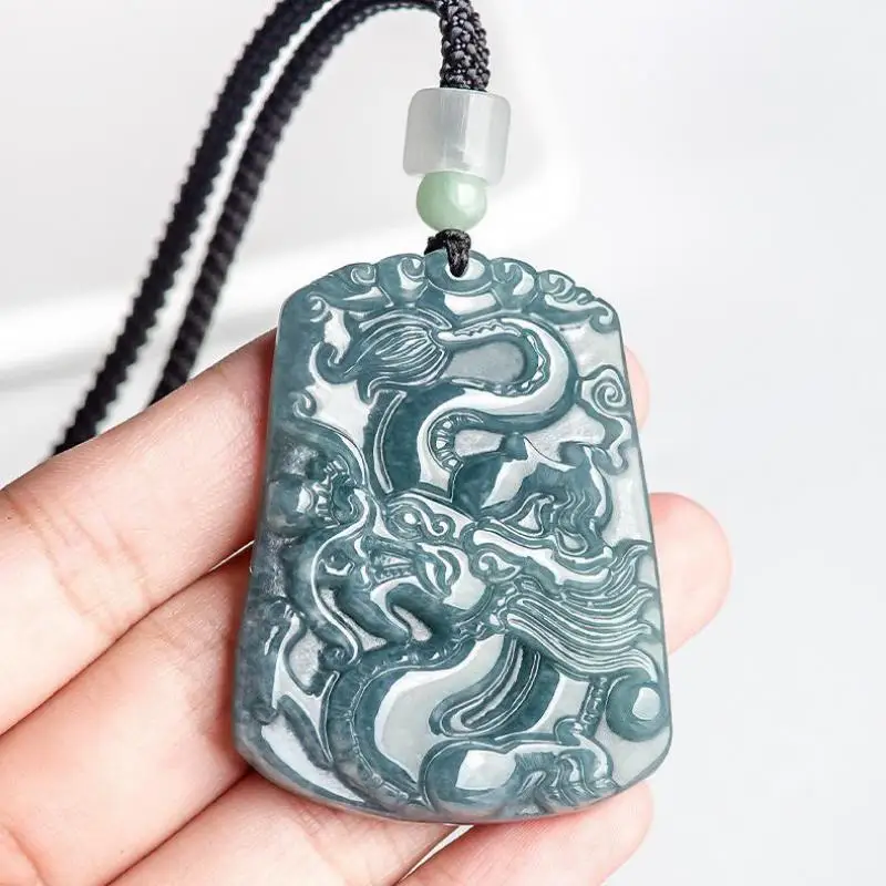 

Genuine Myanmar Jadeite Grade A Burma Blue Water Jade Chinese Zodiac Dragon Pendant Necklace Men Women Lucky Charms Amulets