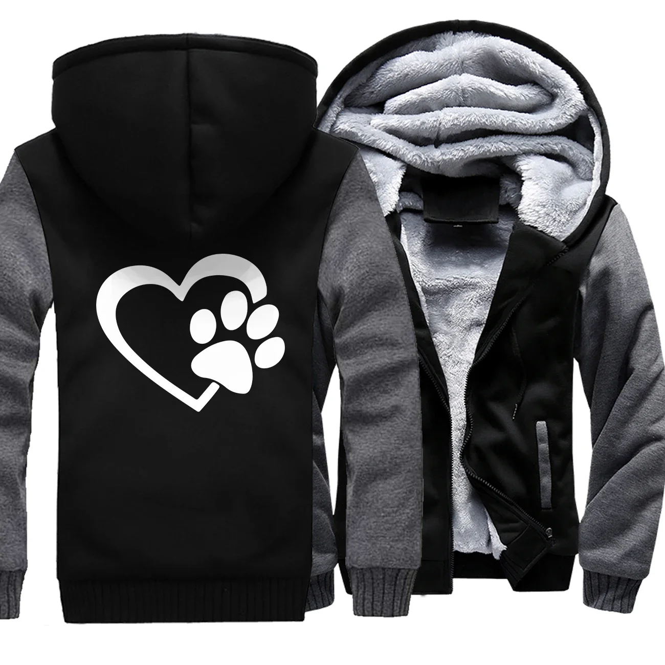 New Men Jacket Dog Paw Printed Patchwork Ziper Hooded Autumn Winter Fashion Casual Warm Harajuku Streetwear Male Coat