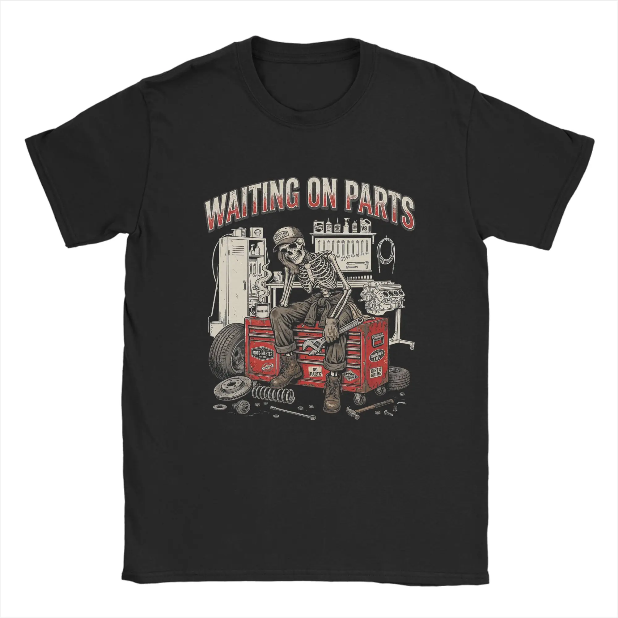Men Waiting On Parts Mechanic Skeleton Auto Repair Life T Shirts  100% Cotton Tops Summer Short Sleeves T Shirt O-Neck Tee Shirt